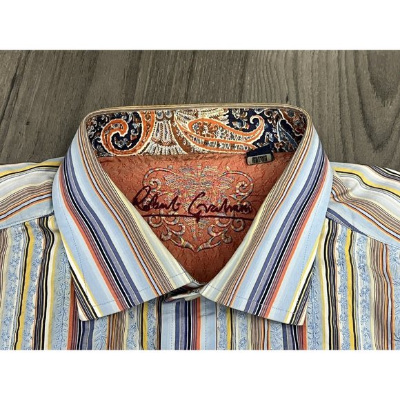 ROBERT GRAHAM L/S Textured Striped Flip Cuff Button Front Sz 2XL Embroidered - Picture 3 of 12